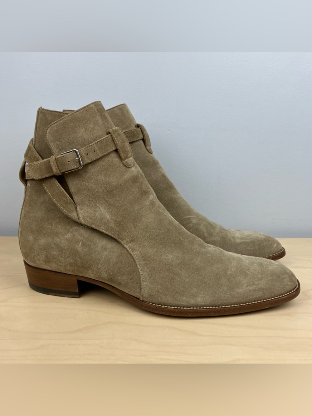 Saint Laurent YSL Men’s Size 44 / 11 Wyatt Jodphur Taupe Suede Ankle Boots Strap
